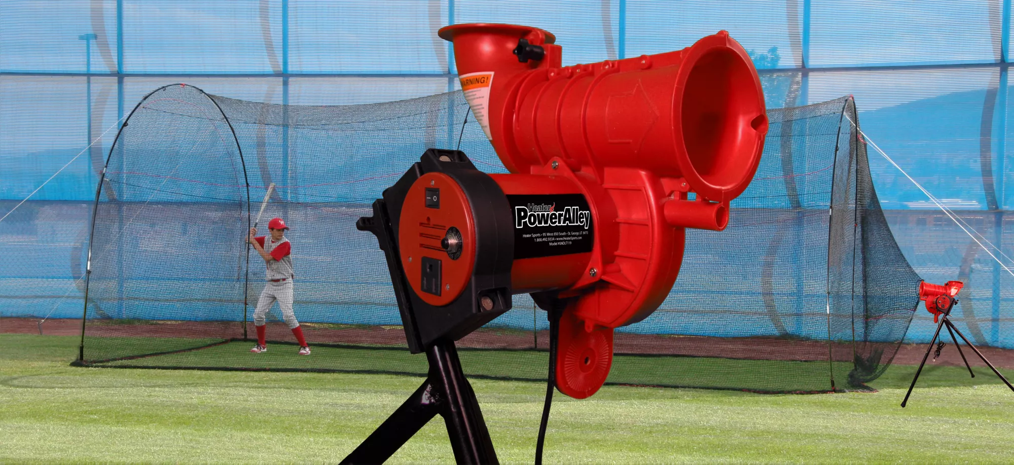 Heater Pro Curve Baseball Pitching Machine & Xtender 24' Batting Cage 1 Heater Pro Curve Baseball Pitching Machine & Xtender 24' Batting Cage